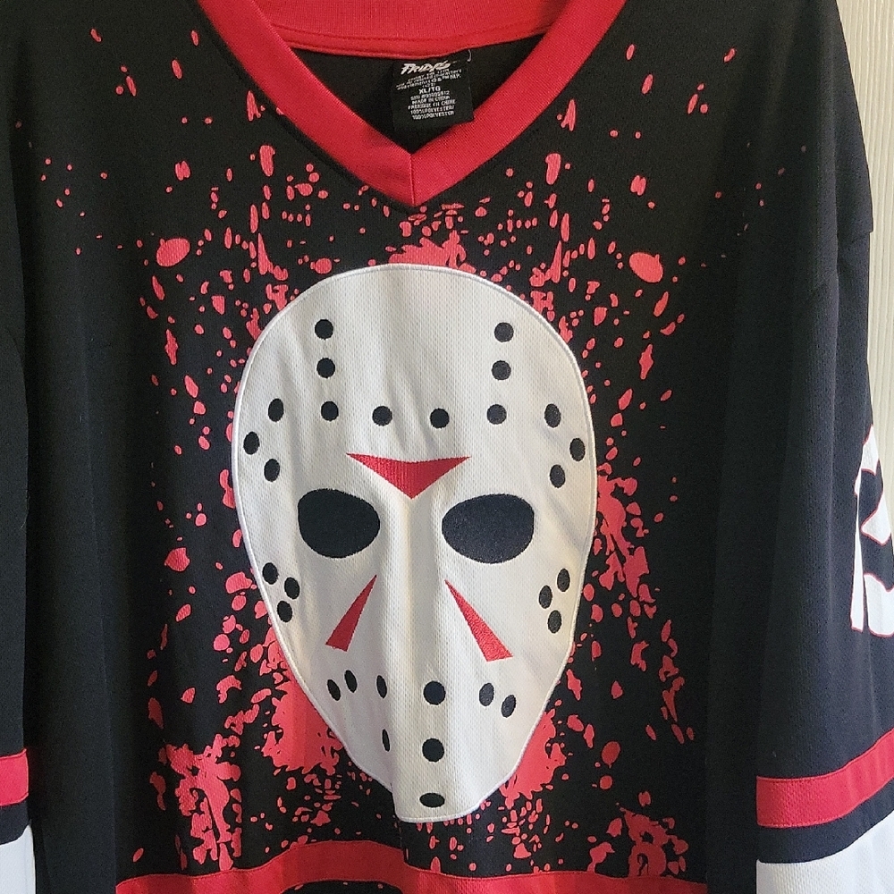 Hockey Mask Graphic Jersey with Red Accents